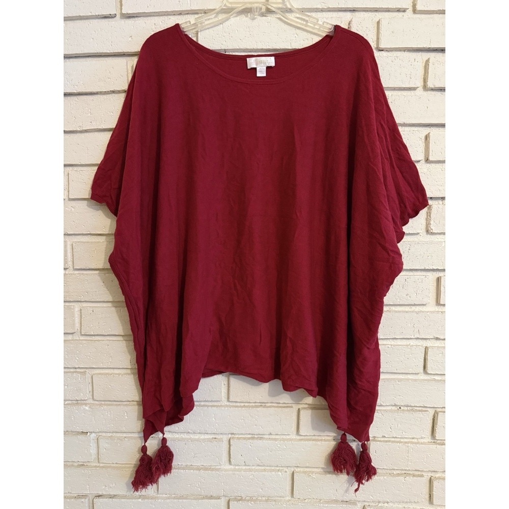 Belle by Kim Gravel Sweater Poncho with Tassels Size Medium/Large-Red